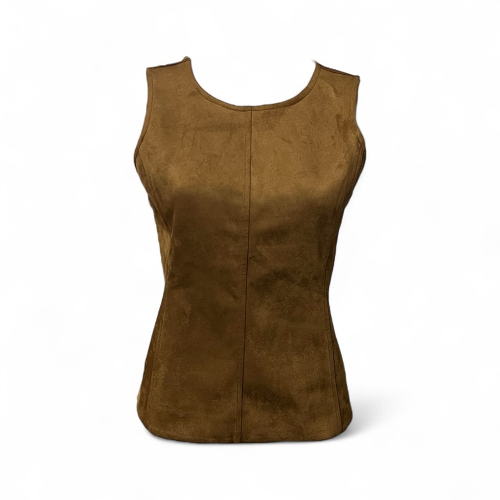 Ann Taylor Petite Brown Sleeveless Crew Neck Suede Feel Top Zip/Hook/Eye Size SP - Picture 2 of 9